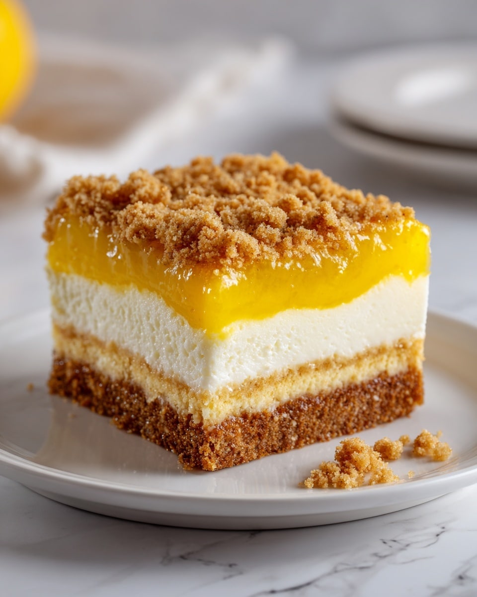A square piece of crumb cake sits on a white plate, displayed on a white marbled surface. The cake has three clear layers: the bottom is a firm brown crust, the middle is a thick creamy white layer, and the top is a bright yellow jelly-like layer covered with a crumbly, golden-brown streusel topping. A few small crumbs lie beside the cake on the plate. photo taken with an iphone --ar 4:5 --v 7