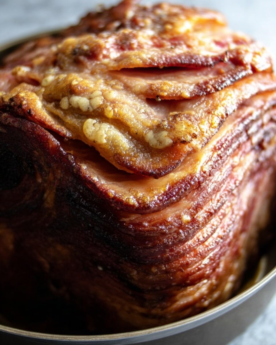 A close-up image of a large cooked ham showing multiple thick layers of browned, textured meat with a golden, crispy skin on top, where some sections have lighter creamy spots. The layers are visibly moist and slightly shiny, curling slightly outward with a rich, deep brown color. The ham is sitting in a round metal container with a soft white marbled texture surface in the background. photo taken with an iphone --ar 4:5 --v 7