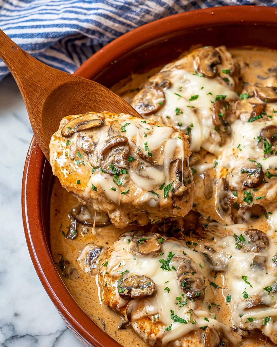 A close-up of cooked chicken breasts covered in a thick, creamy light brown sauce with visible slices of sautéed mushrooms throughout. The chicken is topped with melted white cheese that stretches slightly across the pieces. Bright green chopped herbs are sprinkled on top of the chicken and sauce, adding a fresh color contrast. A wooden spoon is lifting one piece of chicken, showing the sauce and mushrooms beneath it. The dish is in a round terracotta pan, sitting on a white marbled surface with a blue and white striped cloth partially visible in the background. Photo taken with an iphone --ar 4:5 --v 7