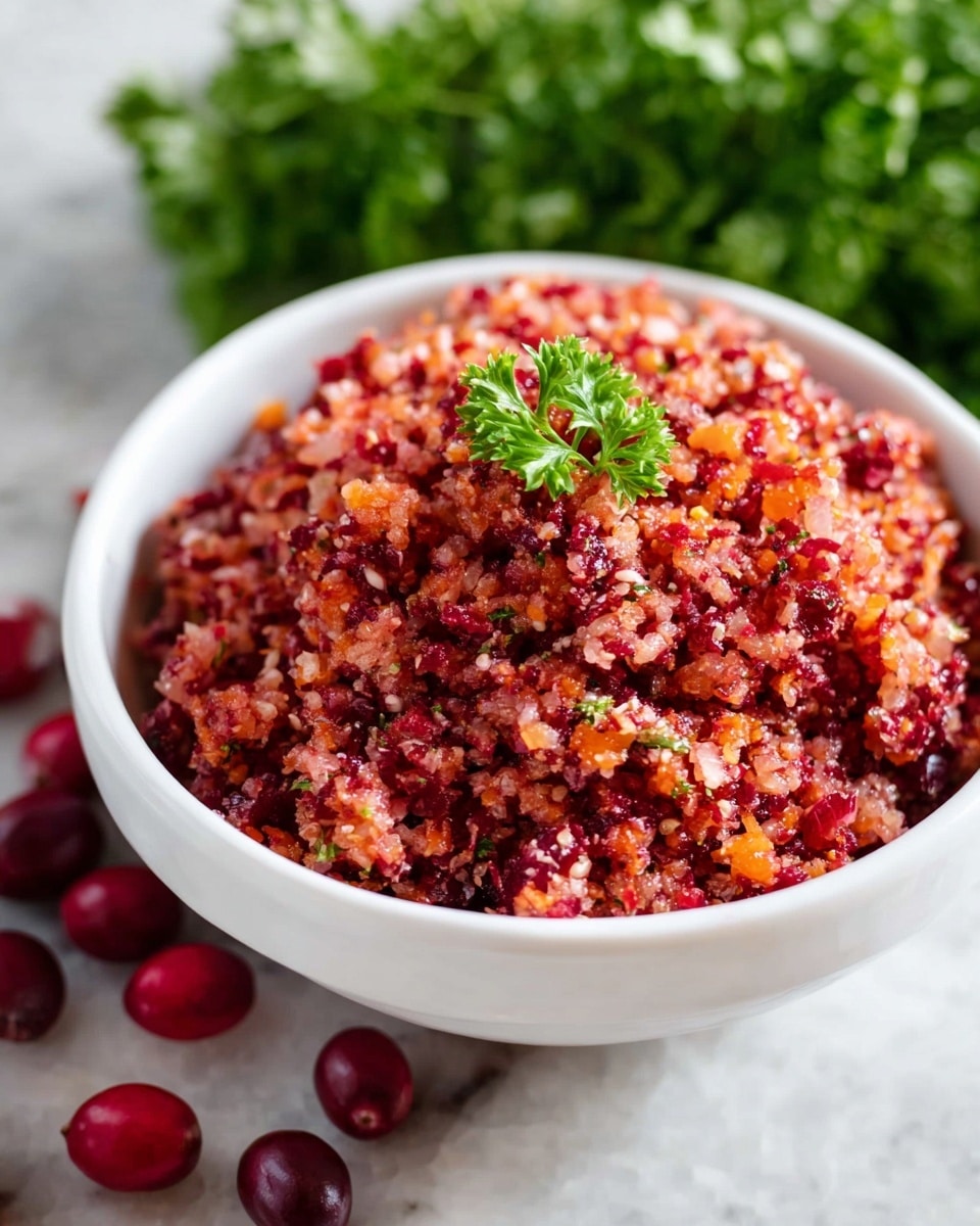 A white bowl is filled with a coarse, colorful mixture of cranberry relish showing mostly red shades with bits of orange and white fruit finely chopped in layers, topped with a single small green parsley leaf in the center. The bowl sits on a white marbled surface with a bunch of fresh green parsley in the background and scattered whole cranberries around the bowl. The texture looks slightly wet and chunky with visible small pieces of ingredients photo taken with an iphone --ar 4:5 --v 7