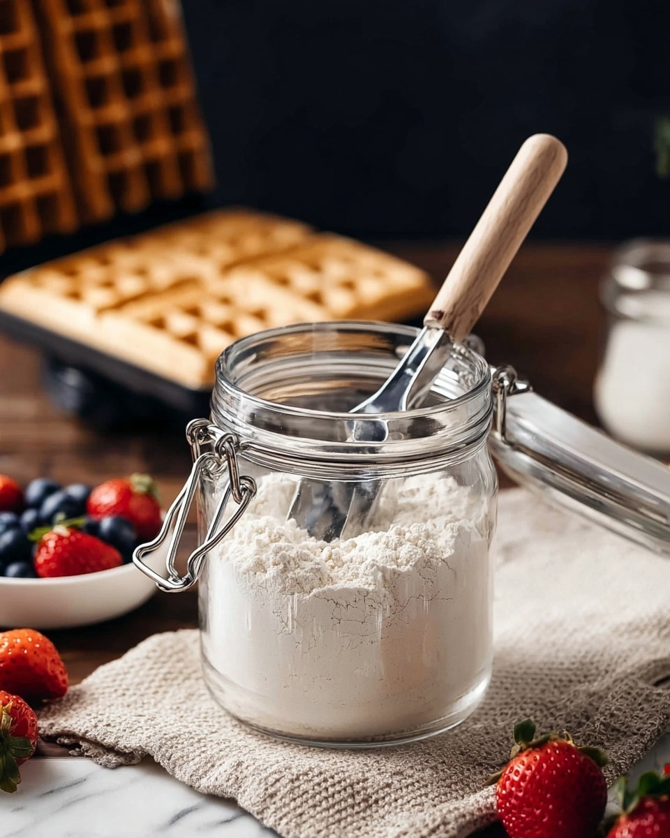 A clear glass jar filled with white flour takes the center of the image, with a silver scoop partially buried inside. The jar has a wide opening and metal clasps on the side, with a light wooden handle of the scoop sticking out. Behind the jar, a waffle iron with a golden-brown waffle inside can be seen slightly out of focus. To the left of the jar, there are fresh red strawberries and a small white bowl of blueberries on a beige textured cloth. The background is dark and blurred, and the surface is a white marbled texture mixed with wooden elements. Photo taken with an iphone --ar 4:5 --v 7
