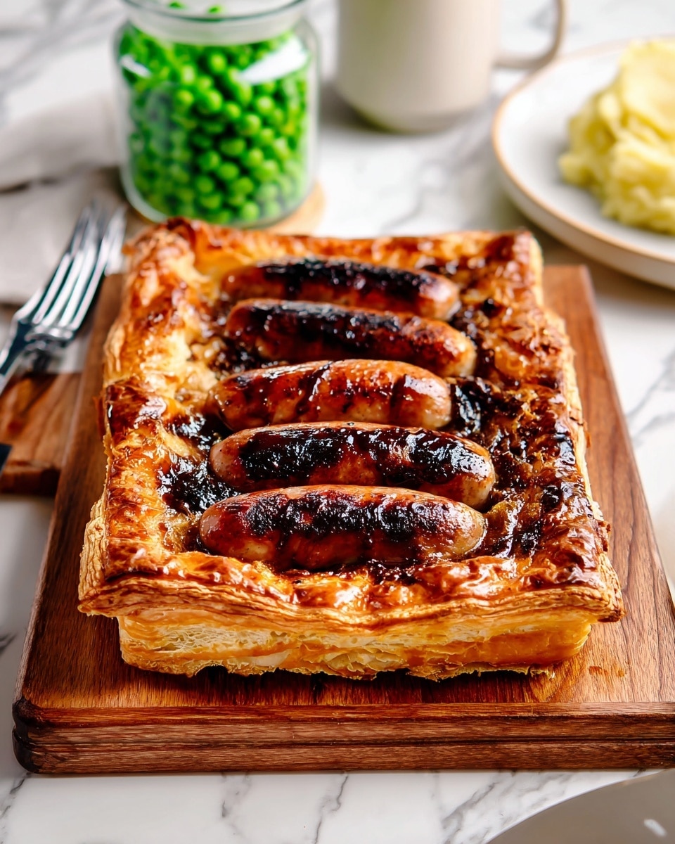 A rectangular flaky golden-brown puff pastry base with five grilled sausages on top, each sausage showing dark, charred grill marks and a glossy glaze. The edges of the pastry are puffed and crispy with some bubbling and light charring, creating a textured contrast to the smooth sausages. The dish is set on a wooden cutting board placed on a white marbled surface. In the blurred background, there is a small glass jar filled with bright green peas, a white mug, and part of a white plate with a fork and some mashed potatoes. Photo taken with an iphone --ar 4:5 --v 7