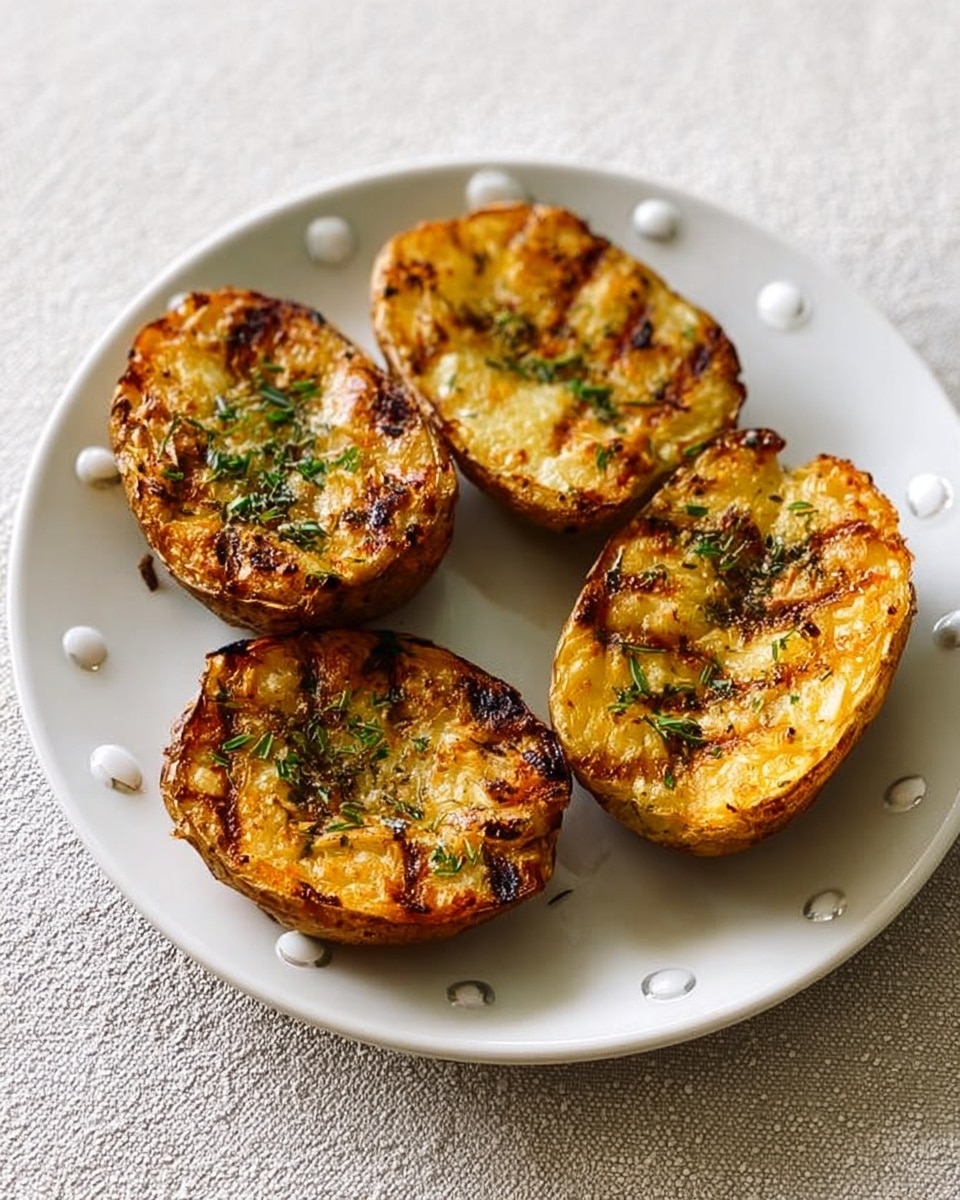 The image shows four golden-brown roasted potato halves arranged on a white plate with light polka dots. Each potato half has grill marks and a slightly crispy, textured surface with some green herbs sprinkled on top. The potatoes are placed close to each other without overlapping, and the plate rests on a white marbled textured surface. photo taken with an iphone --ar 4:5 --v 7
