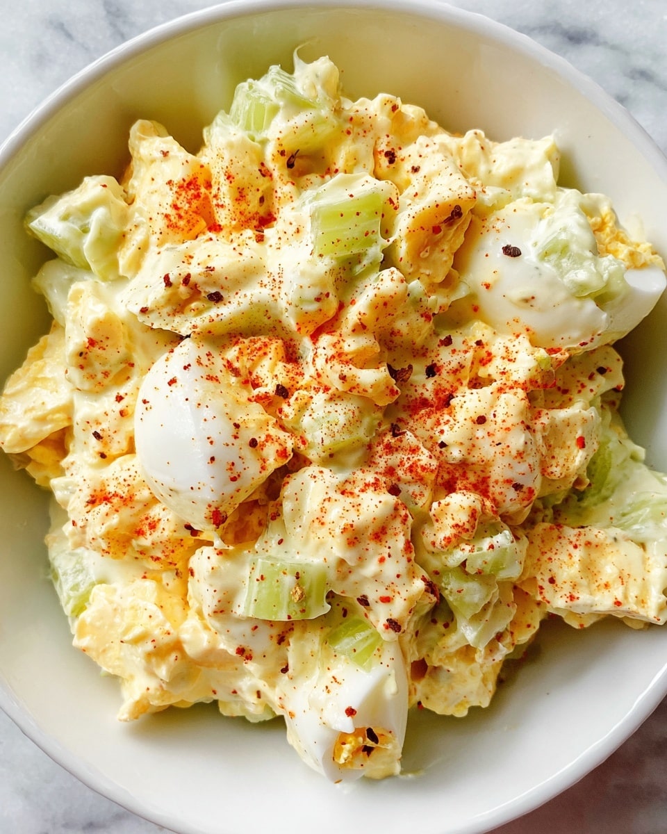A close-up of a creamy egg salad in a white bowl, showing small chunks of chopped boiled eggs with soft white and yellow textures mixed with light green celery pieces. The salad is coated in a pale yellow mayonnaise dressing, scattered with reddish paprika and black pepper flakes. The ingredients are layered randomly, giving a soft and slightly chunky appearance, resting against the smooth white bowl. The bowl is placed on a white marbled surface. photo taken with an iphone --ar 4:5 --v 7