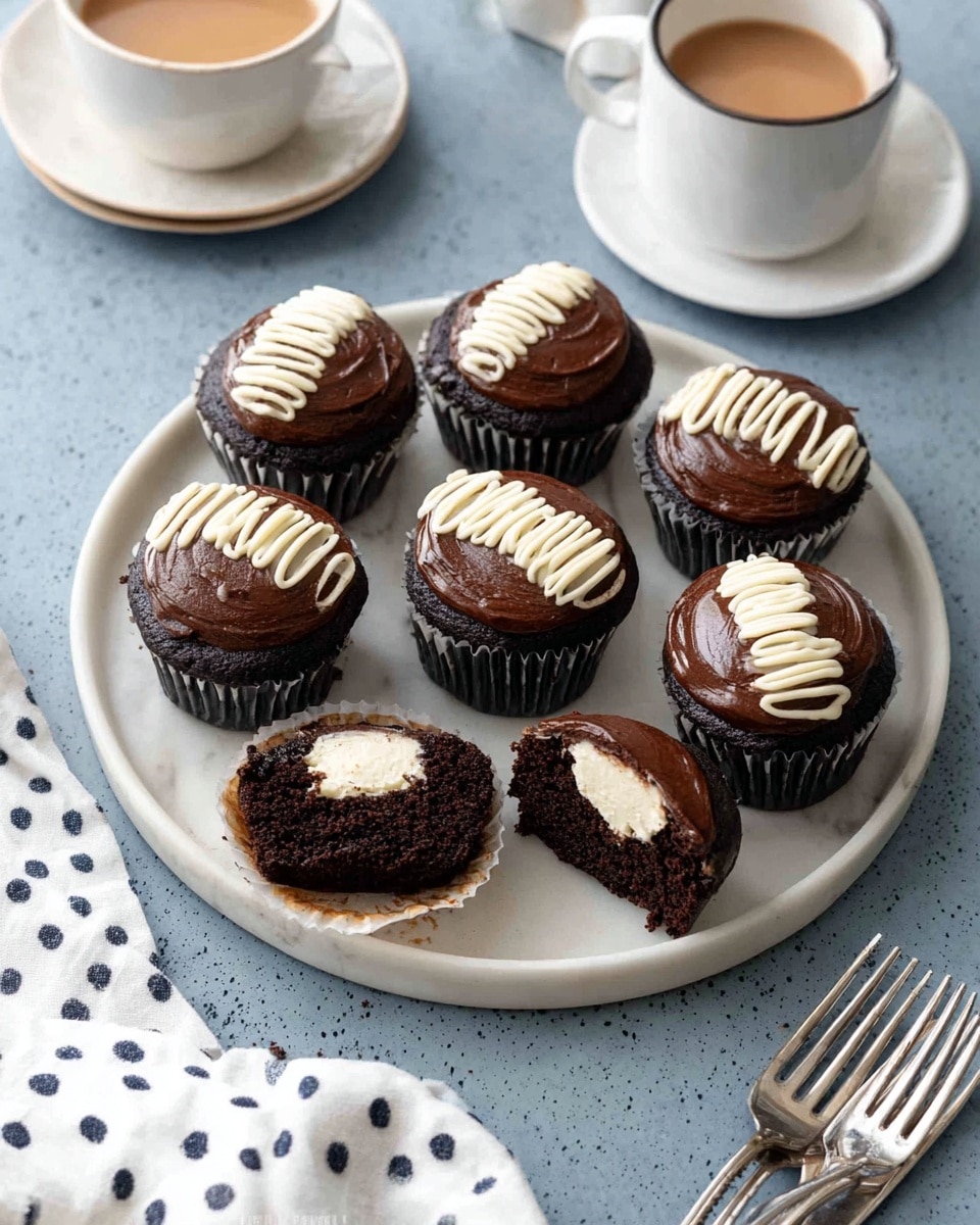 Eight chocolate cupcakes are arranged on a white plate with a blue speckled surface, each topped with thick, smooth dark chocolate frosting and a zigzag swirl of white frosting across the center. One cupcake is split in half at the top of the plate, showing a dark moist chocolate cake layer with a creamy white filling inside and a chocolate frosting layer on top. The plate sits on a white marbled surface with two cups of tea or coffee and a small white pitcher of milk nearby. There are four silver forks placed to the left on the marbled surface, and a white cloth with dark polka dots is partly visible on the right. Photo taken with an iphone --ar 4:5 --v 7