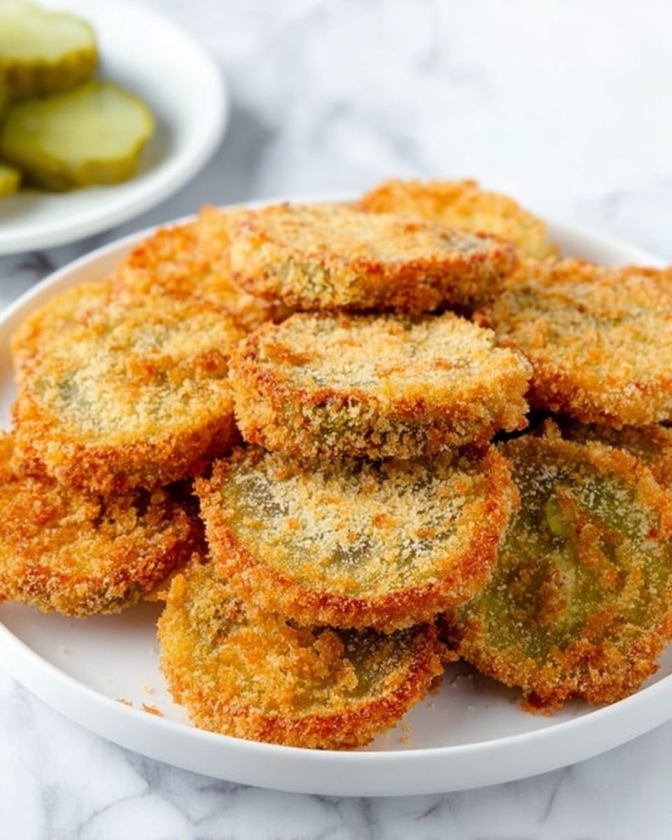 A white plate is full of fried green tomato slices, each about one layer thick with a golden-brown crispy coating that looks crumbly and crunchy. The tomato slices underneath have a slightly soft green color visible through the breading. Some tomatoes overlap, making the stack look thick and inviting. In the background, a white plate with green sliced pickles is visible. The surface beneath the plates shows a white marbled texture. Photo taken with an iphone --ar 4:5 --v 7