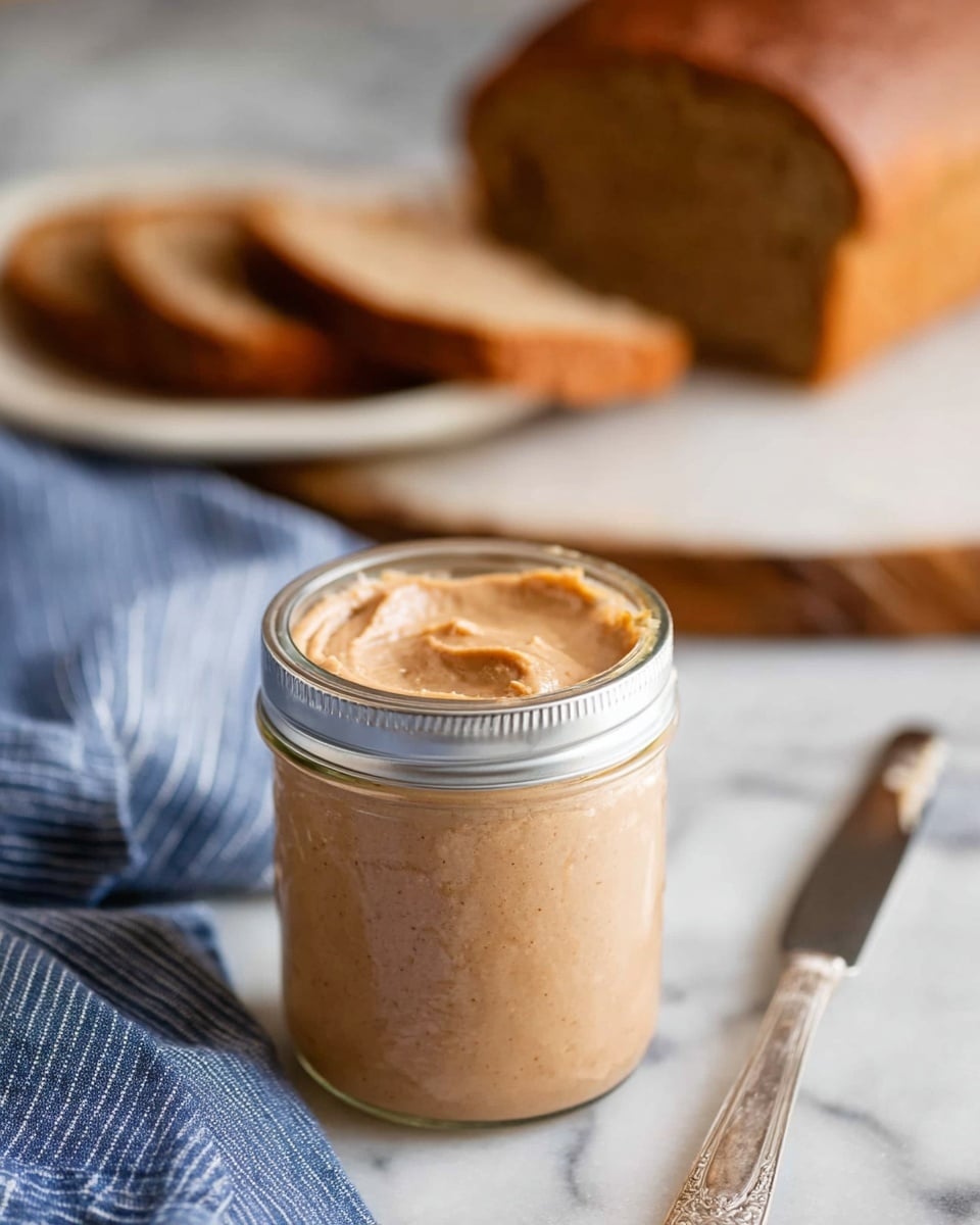 A close-up top view of a small glass jar filled with smooth, light brown creamy spread that has specks of darker brown throughout, with a pink spatula scooping some of the spread, all set against a white marbled background, a bit blurry in the far background. photo taken with an iphone --ar 4:5 --v 7