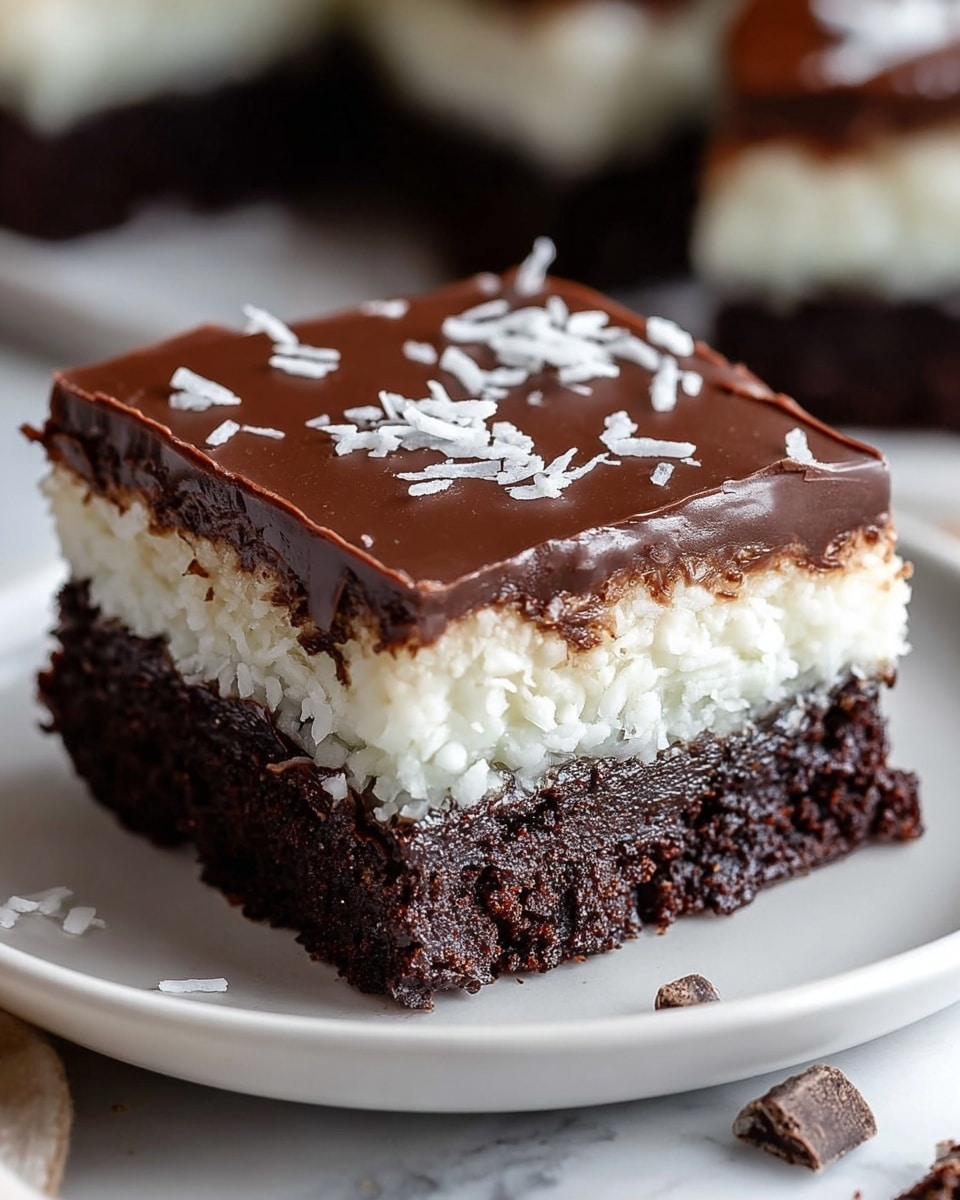 A close-up of a three-layered square dessert on a white plate, placed on a white marbled surface; the bottom layer is a very dark brown, moist chocolate cake with a slightly crumbly texture, the middle layer is thick and white with shredded coconut pieces giving it a rough texture, and the top layer is a smooth, glossy dark chocolate ganache covering the coconut layer evenly with slight ripples. Small chocolate chunks and crumbs are scattered around the plate. Photo taken with an iphone --ar 4:5 --v 7