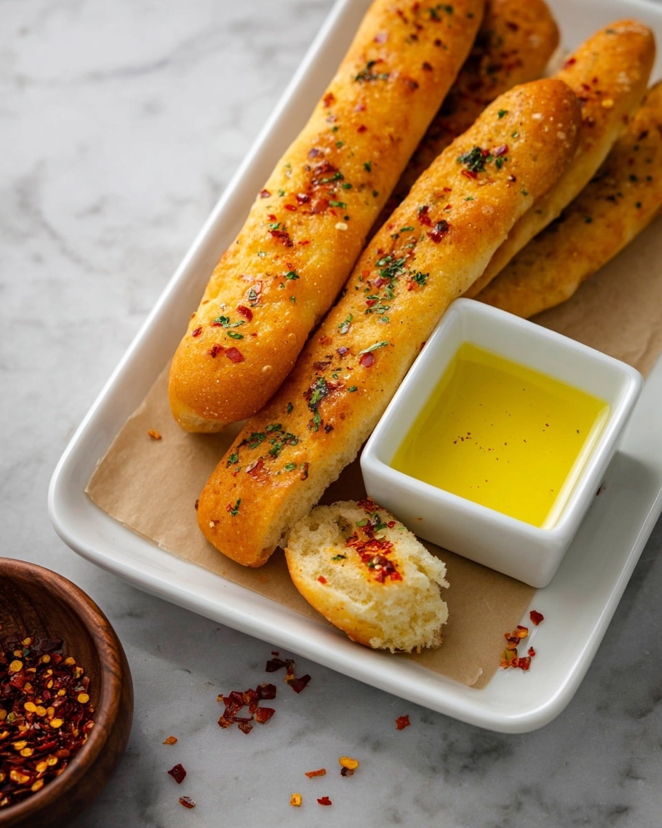 The image shows a close-up of four golden brown breadsticks placed on a white rectangular plate with a small white square dish of melted butter in the center. One breadstick is partially dipped into the butter, with a sprinkling of red chili flakes and small green herb pieces on the breadsticks. The plate sits on a white marbled surface with scattered chili flakes and crumbs around. In the background, a small round wooden bowl filled with extra chili flakes is also visible. photo taken with an iphone --ar 4:5 --v 7