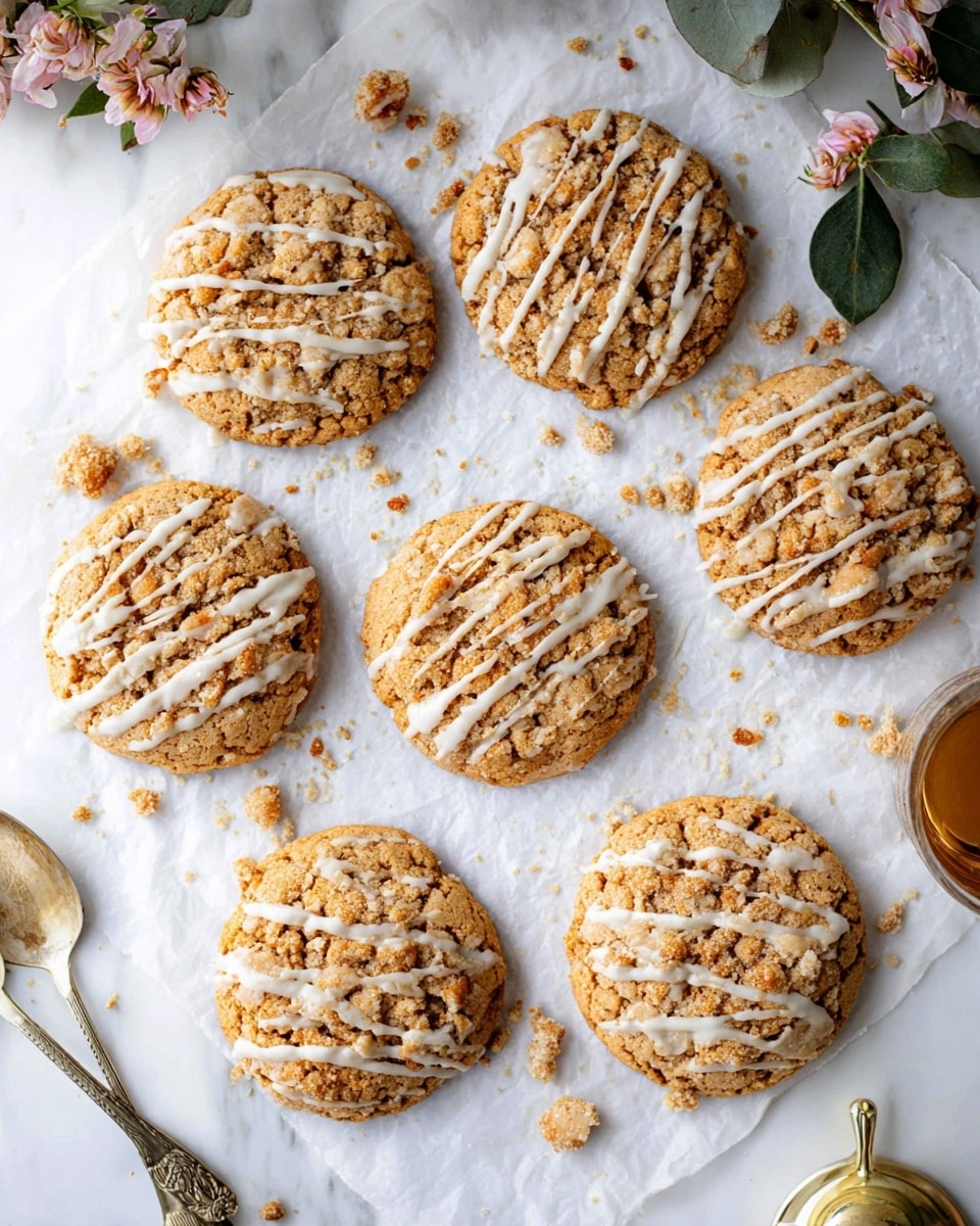 Six large round cookies lie on white parchment paper over a white marbled surface. Each cookie has a soft golden brown base with a crumbly streusel layer on top, giving a rough texture and light beige color with hints of darker brown chunks. A thin, white icing is drizzled in uneven stripes across each cookie. Crumbs and small pieces are scattered around the cookies. To the side, there is a vintage silver spoon with white icing on it, a brass tea infuser, and some green leaves and soft pink dried flowers adding subtle decorative touches. Photo taken with an iphone --ar 4:5 --v 7
