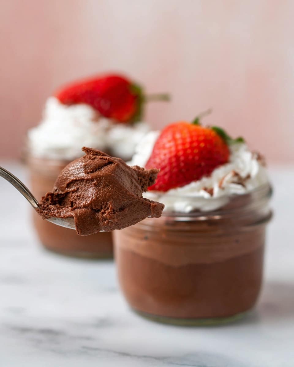 The image shows two clear glass jars filled with smooth, thick chocolate mousse. One jar is in the foreground with a spoon lifting a large scoop of the rich, creamy, dark brown mousse, showing its fluffy texture. The mousse jar in the background is topped with a swirl of white whipped cream and two ripe, red strawberries with green stems, adding a pop of color on top of the dark chocolate base. The jars are placed on a white marbled surface, and the overall scene is softly lit with a pale pink blurred background. photo taken with an iphone --ar 4:5 --v 7