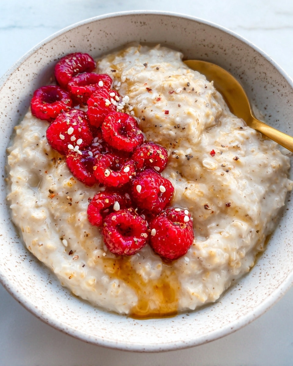A close-up of a white speckled bowl filled with creamy beige oatmeal that has a soft, slightly lumpy texture. On one side of the oatmeal, there is a neat line of bright red sliced raspberries, which look fresh and juicy. The oatmeal is drizzled with golden honey that pools slightly around the edges and has a shiny surface. Tiny white and brown seeds are sprinkled over the raspberries and oatmeal, adding small pops of texture and color. A gold spoon is partially submerged in the oatmeal near the edge of the bowl. The bowl sits on a surface with a white marbled texture. photo taken with an iphone --ar 4:5 --v 7