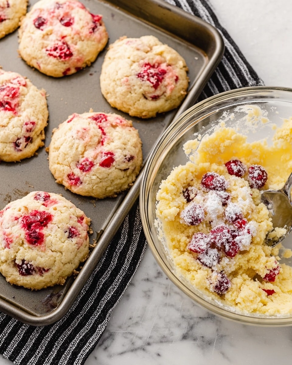 A baking tray filled with five round cookies that have a crumbly, lightly browned edge and a soft, pinkish center mixed with bright red pieces of cranberry visible on top. To the right, there is a clear glass bowl containing light yellow cookie dough with a mix of red cranberries covered in white powdered sugar, and a silver spoon inside the bowl. The scene is set on a white marbled surface with a black and white striped cloth partially visible beneath the corner of the tray. photo taken with an iphone --ar 4:5 --v 7