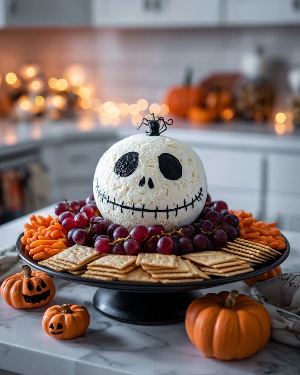 A round white cheese ball shaped like a skull with black eye sockets, two small black nose holes, and a wide black stitched smile is placed in the center of a black cake stand. Around the cheese ball, there are two layers of snack items: the inner layer has dark red grapes and small red items, while the outer layer alternates between round orange chips and tan crackers fanned out evenly. The cake stand sits on a white marbled countertop with small carved orange pumpkin decorations nearby. Soft warm candle lights and more pumpkins decorate the blurred white kitchen background. photo taken with an iphone --ar 4:5 --v 7