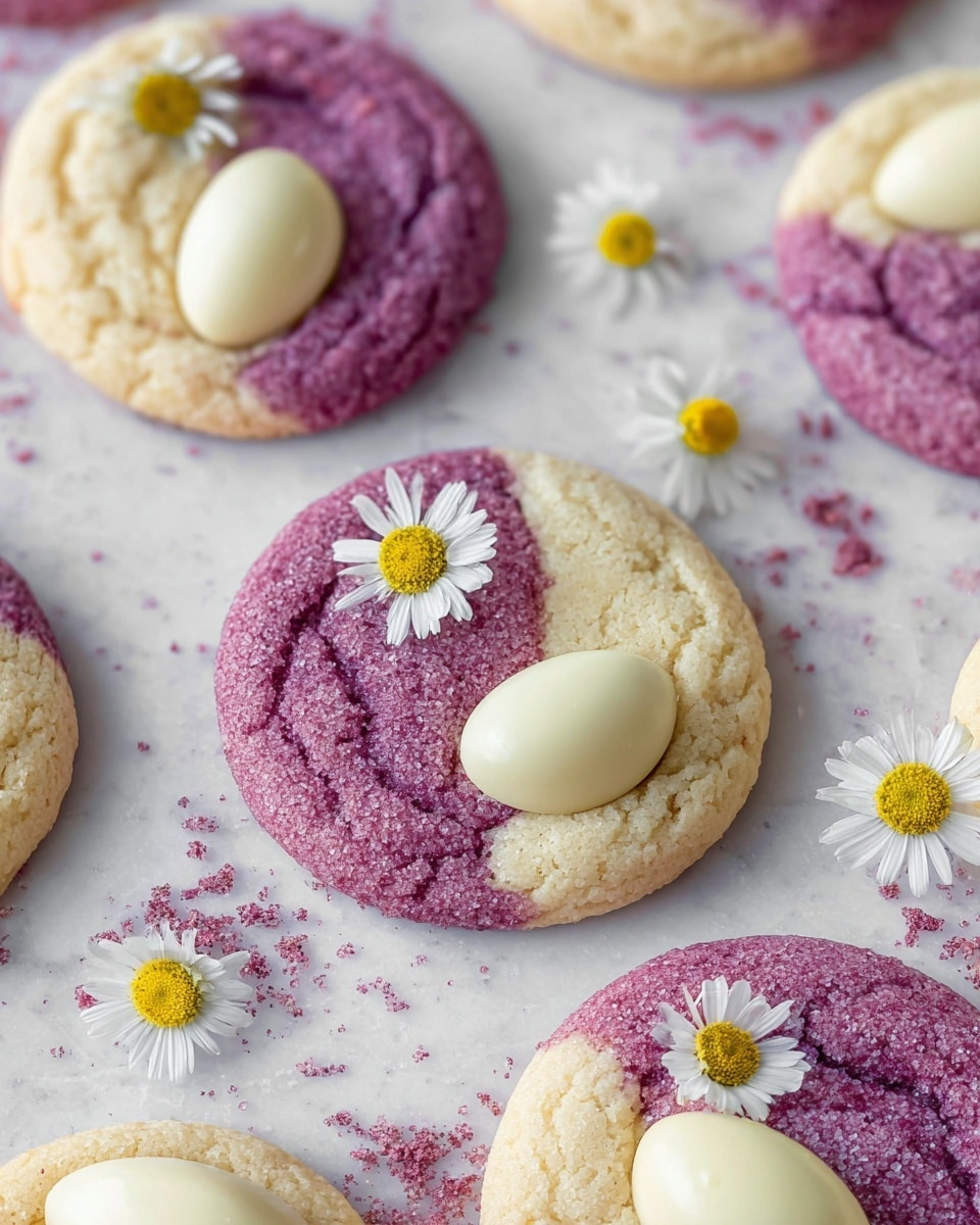 A round cookie with two main color layers, half a deep reddish-purple rough sugar coating and half a light beige sugar coating that is also textured. On top, there is a dollop of smooth white cream sprinkled with some red powder, placed near the center. A small white chamomile flower with a yellow center decorates the cream. Around the cookie on the white marbled surface, there are red powder sprinkles and three additional chamomile flowers scattered nearby. The image shows partial views of two other cookies with similar dual colors and sugar textures. photo taken with an iphone --ar 4:5 --v 7