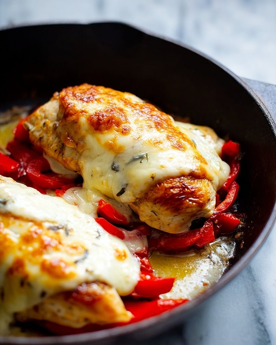 The image shows two cooked chicken breasts in a black skillet, each cut open and stuffed with melted white cheese and roasted red bell pepper slices, creating a creamy and colorful filling. The chicken has a golden-brown, slightly crispy exterior with a shiny glaze, and the cheese looks soft and stretchy, spilling a little from the opening. Around the chicken, there are scattered strips of roasted red bell pepper enhancing the vibrant red contrast against the golden chicken. The skillet rests on a white marbled surface, adding a clean and bright background. Photo taken with an iphone --ar 4:5 --v 7