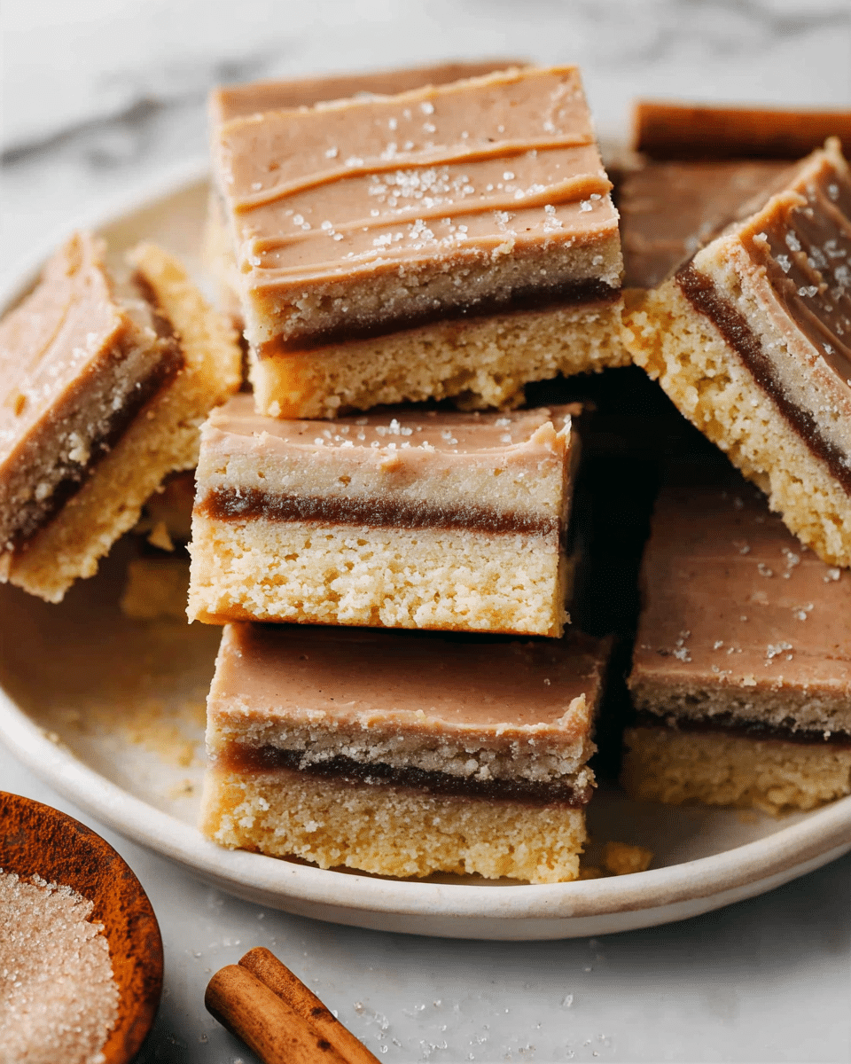 The image shows several square bars stacked and scattered on a white plate, each bar having three layers: a light beige cookie-like base, a middle thin dark brown layer of filling, and a top light beige layer covered with a smooth, light brown frosting sprinkled with a little coarse salt. The bars look soft but firm, with visible crumb texture on the edges, and the background is a white marbled surface with cinnamon sticks and brown sugar partially visible in the corner. Photo taken with an iphone --ar 4:5 --v 7