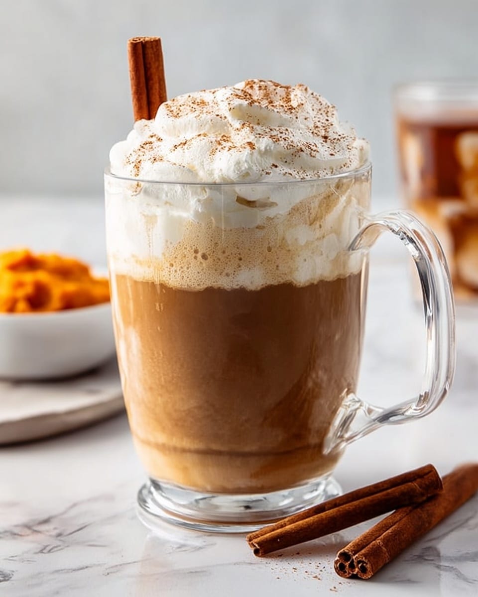 A clear glass mug filled with three layers: the bottom layer is light brown milk foam, the middle layer is warm brown coffee, and the top layer is thick white whipped cream sprinkled with fine brown powder. A brown cinnamon stick is placed vertically, sticking out of the whipped cream on the left side of the mug. The mug sits on a white marbled surface with two cinnamon sticks lying in front. In the background, there is a blurred small white bowl with orange pumpkin puree and a clear glass with some brown residue. photo taken with an iphone --ar 4:5 --v 7