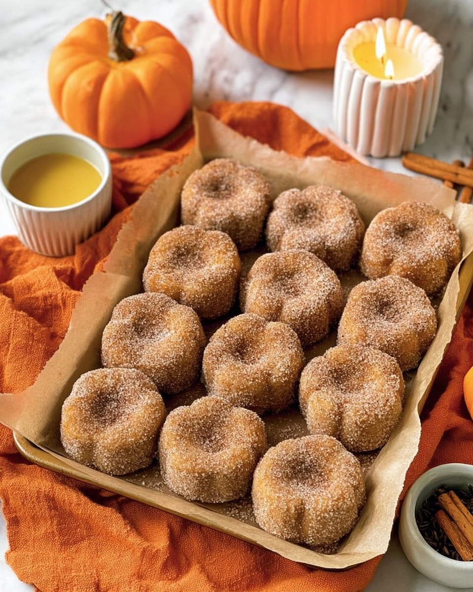 A close-up of a woman's hand holding a small, round cookie shaped like a pumpkin, covered fully with coarse sugar crystals that glisten against the cookie’s brown, slightly textured surface. The cookie has a subtle ridge around its edge and a small pointed stem shape on top. The background is softly blurred with hints of white bowls filled with yellow and cream-colored contents, set on a white marbled surface. photo taken with an iphone --ar 4:5 --v 7