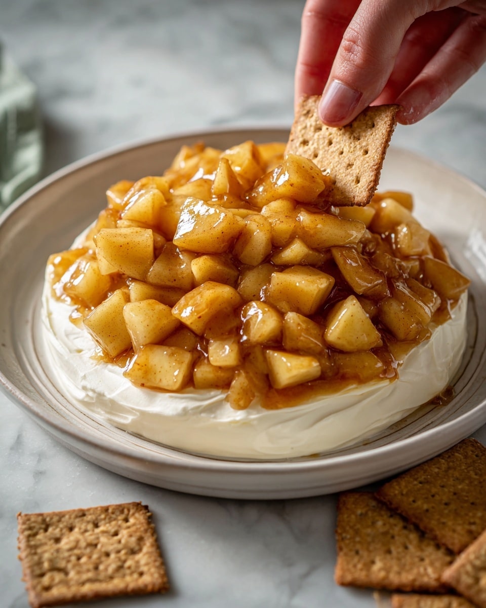 The image shows a white plate with two distinct layers of food. The bottom layer is a smooth, creamy white spread evenly covering the plate in a circular shape. On top of this is a chunky layer of diced, glossy light brown apples in syrup that gives a shiny texture and looks juicy. A woman's hand is shown dipping a rectangular piece of brown cracker into the creamy white layer under the apple topping. There are extra cracker pieces spread on the white marbled surface near the plate. photo taken with an iphone --ar 4:5 --v 7