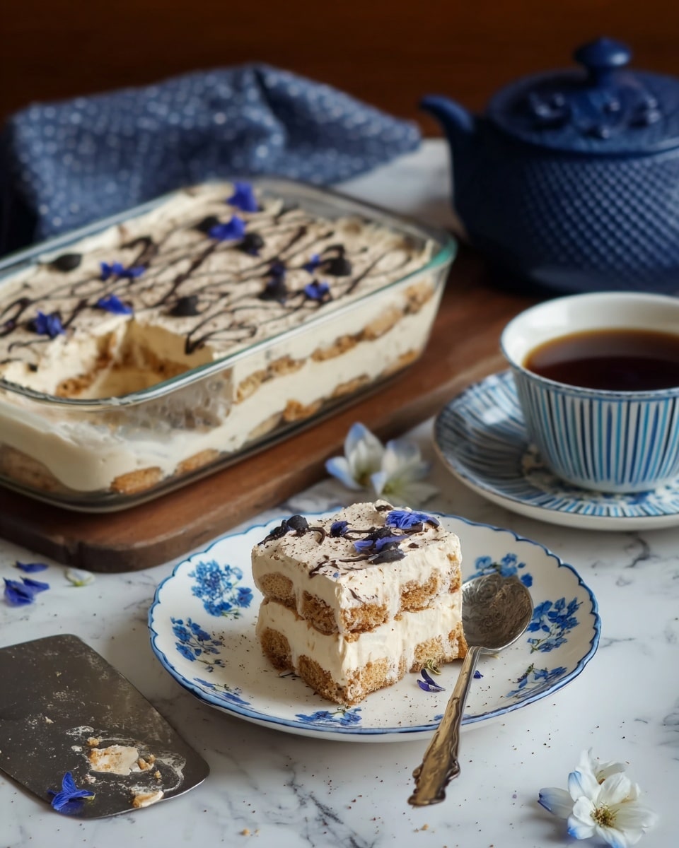A square piece of layered tiramisu dessert sits on a white plate with blue floral patterns, showing two visible layers of light brown soaked sponge cake and creamy white mascarpone filling in between. The top layer of mascarpone is sprinkled with dark cocoa powder and small blue edible flower petals. A small silver spoon rests on the plate's edge. In the background, a clear rectangular glass baking dish holds the remaining tiramisu, showing similar layers and a topping decorated with curved lines of cocoa powder and blue petals. A small white bowl with cocoa powder sits nearby on a dark wooden surface, all set against a white marbled texture. photo taken with an iphone --ar 4:5 --v 7