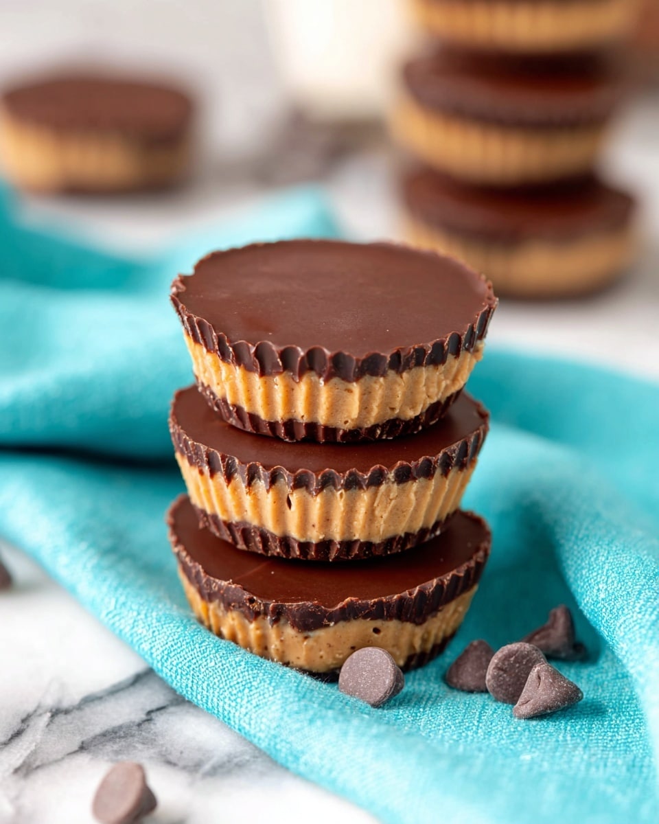 The image shows a stack of three peanut butter chocolate cups with three clear layers each: the bottom layer is dark brown and smooth chocolate in a ridged white paper cup, the middle layer is a creamy, light brown peanut butter filling with a slightly textured swirl, and the top layer is thick, glossy dark chocolate with a ridged edge matching the bottom. On the right side, there are three smaller images showing the process: the first image has white paper cups filled with a smooth layer of dark chocolate; the second image shows a swirl of creamy peanut butter inside the paper cups resting on the chocolate base; the third image has the peanut butter layer covered with a final layer of dark chocolate. The background is a white marbled texture and there is a turquoise cloth beneath the stacked cups, with a few chocolate chips scattered nearby. photo taken with an iphone --ar 4:5 --v 7