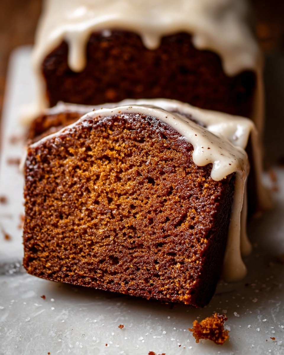 A close-up of a single thick slice of moist brown cake with a soft crumb texture, showing a light brown creamy icing layer covering the top and slightly dripping down the sides. The cake slice is part of a larger loaf with similar icing on top, placed on a white marbled surface. The icing has a smooth, shiny texture with some small specks sprinkled lightly on it. A small crumb is near the base of the slice on the surface. photo taken with an iphone --ar 4:5 --v 7