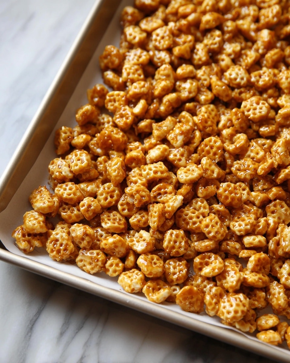 A close-up view of a baking tray lined with white parchment paper, filled with a single thick layer of small, round, golden honeycomb-shaped snacks that are shiny with a caramel glaze giving them a slightly sticky texture. The snacks have a light brown to golden color with tiny holes in the shape of a honeycomb pattern, piled evenly to cover the entire tray. The tray rests on a white marbled surface. photo taken with an iphone --ar 4:5 --v 7