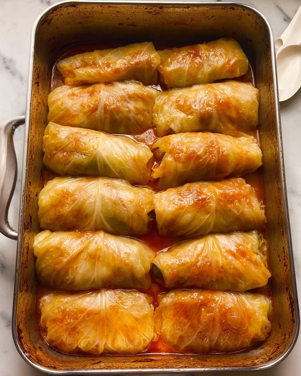 A metal rectangular baking dish filled with 18 evenly packed cabbage rolls arranged in three vertical columns and six horizontal rows. Each roll is wrapped tightly with a pale yellow cabbage leaf that looks soft and cooked, showing a slightly shiny and moist texture with some light brown and orange tints on top from baking sauce. The sauce beneath is a thin layer of reddish-orange, pooling gently around the rolls, with slight bubbling visible near the edges of the dish. The baking dish shows signs of use with browned spots along its sides. The dish is placed on a white marbled surface, and a white kitchen utensil is partially visible in the background. photo taken with an iphone --ar 4:5 --v 7