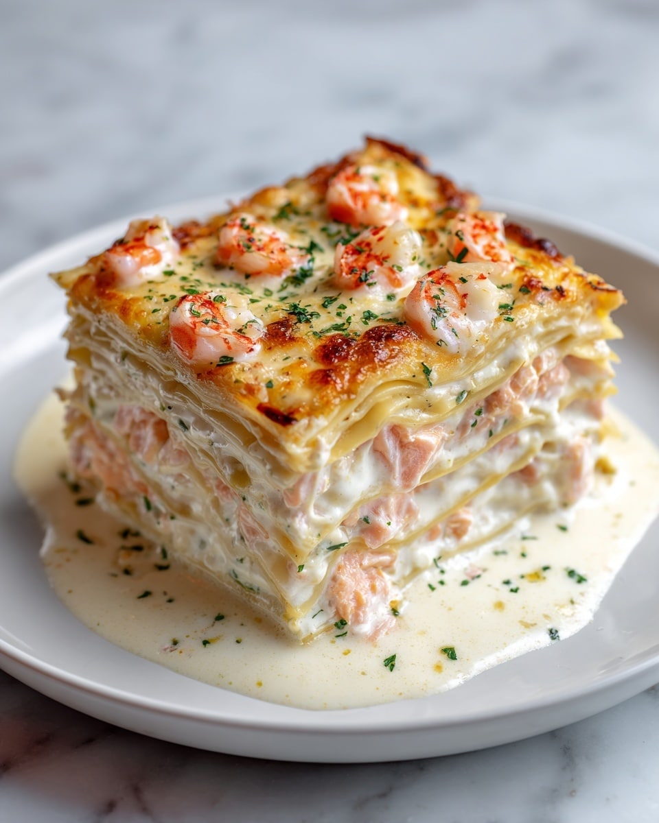 A square lasagna piece sits on a white plate, showing four clear layers; the top layer is golden brown with melted cheese, small shrimp, and green herb sprinkles; the next layers alternate between creamy white cheese mixed with chunks of pink salmon and soft, slightly golden pasta sheets; some creamy sauce oozes out from the sides, giving a rich and moist appearance; the background has a white marbled texture; photo taken with an iphone --ar 4:5 --v 7