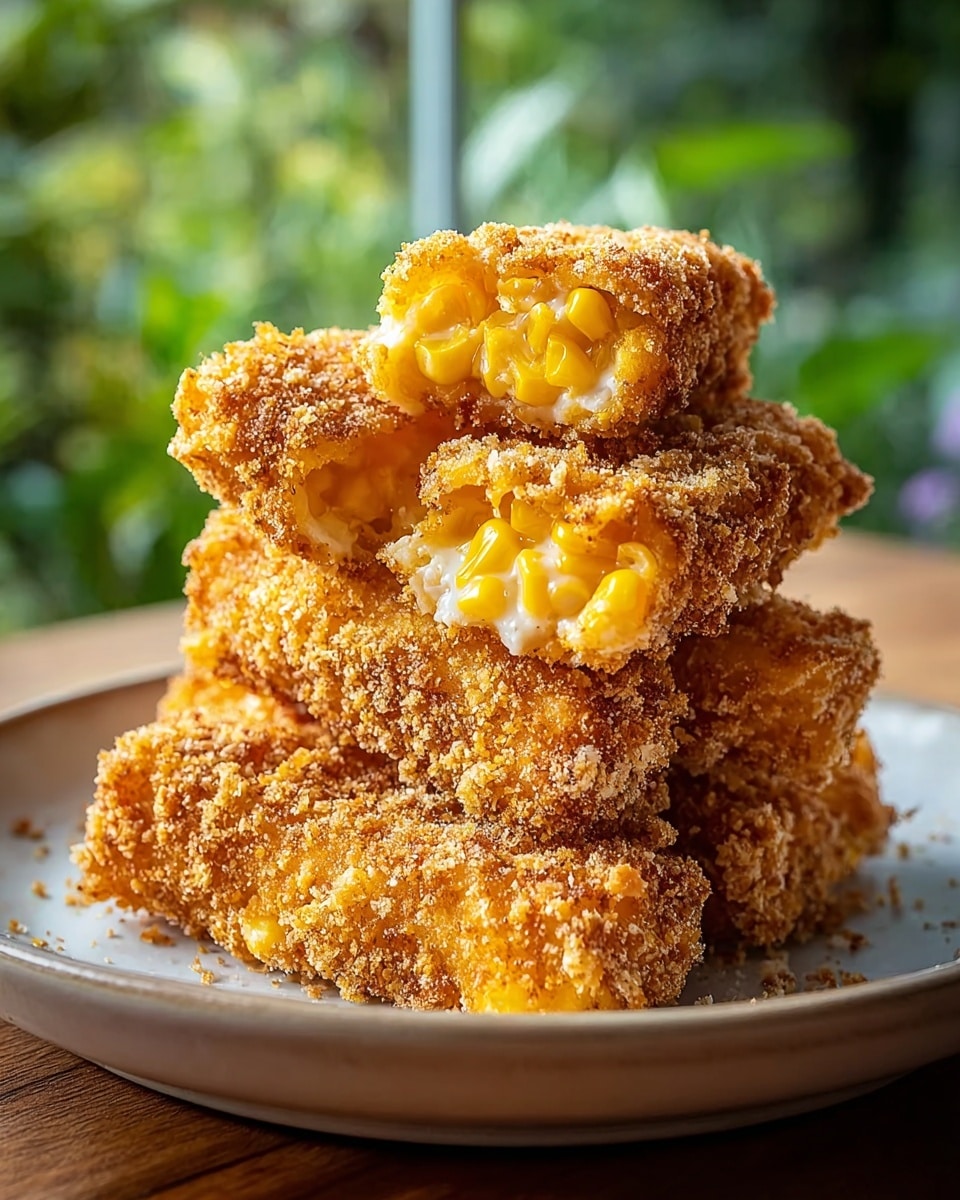 A stack of golden crispy fried corn sticks is piled on a white plate. Each stick has a rough, crunchy outer layer with visible breadcrumbs in shades of light brown and orange. The sticks are cut open, revealing a soft inner filling of bright yellow corn kernels mixed with creamy cheese, showing a smooth and melty texture. The plate sits on a wooden surface with a blurred green background visible through a window. photo taken with an iphone --ar 4:5 --v 7