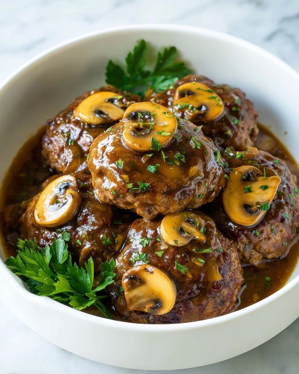 A white bowl filled with multiple browned meat patties covered in a shiny, thick brown mushroom sauce. The patties are topped with golden-brown sliced mushrooms and small green parsley flakes. Some whole parsley leaves are placed around the patties for garnish. The sauce has a glossy texture that coats both the meat and mushrooms, creating a rich, savory look. The bowl is set on a white marbled surface. photo taken with an iphone --ar 4:5 --v 7