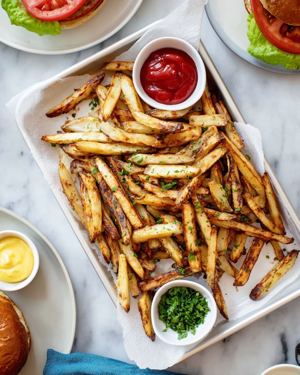 A white tray lined with white paper holds a pile of golden-brown French fries, each fry showing a mix of crispy light and darker toasted edges with bits of green herbs scattered on top. On the tray, there are two small round bowls: one containing red ketchup and the other with green chopped herbs. Surrounding the tray, parts of a white plate with a burger including green lettuce and red tomato slices, another bowl with yellow mustard, and a blue cloth napkin are visible, all set against a white marbled surface. photo taken with an iphone --ar 4:5 --v 7
