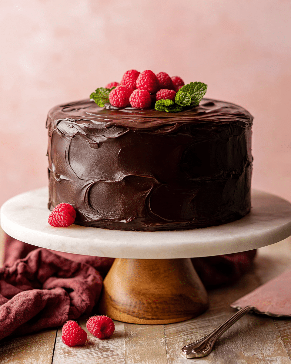 A three-layer chocolate cake slice with dark brown, moist, and crumbly cake layers alternated with two thin layers of glossy, deep red raspberry filling. The whole cake is coated with smooth, shiny dark chocolate frosting, and several fresh, bright red raspberries with a small green mint leaf sit on top. One single raspberry rests at the base of the cake slice on a white plate, all set against a white marbled background. photo taken with an iphone --ar 4:5 --v 7