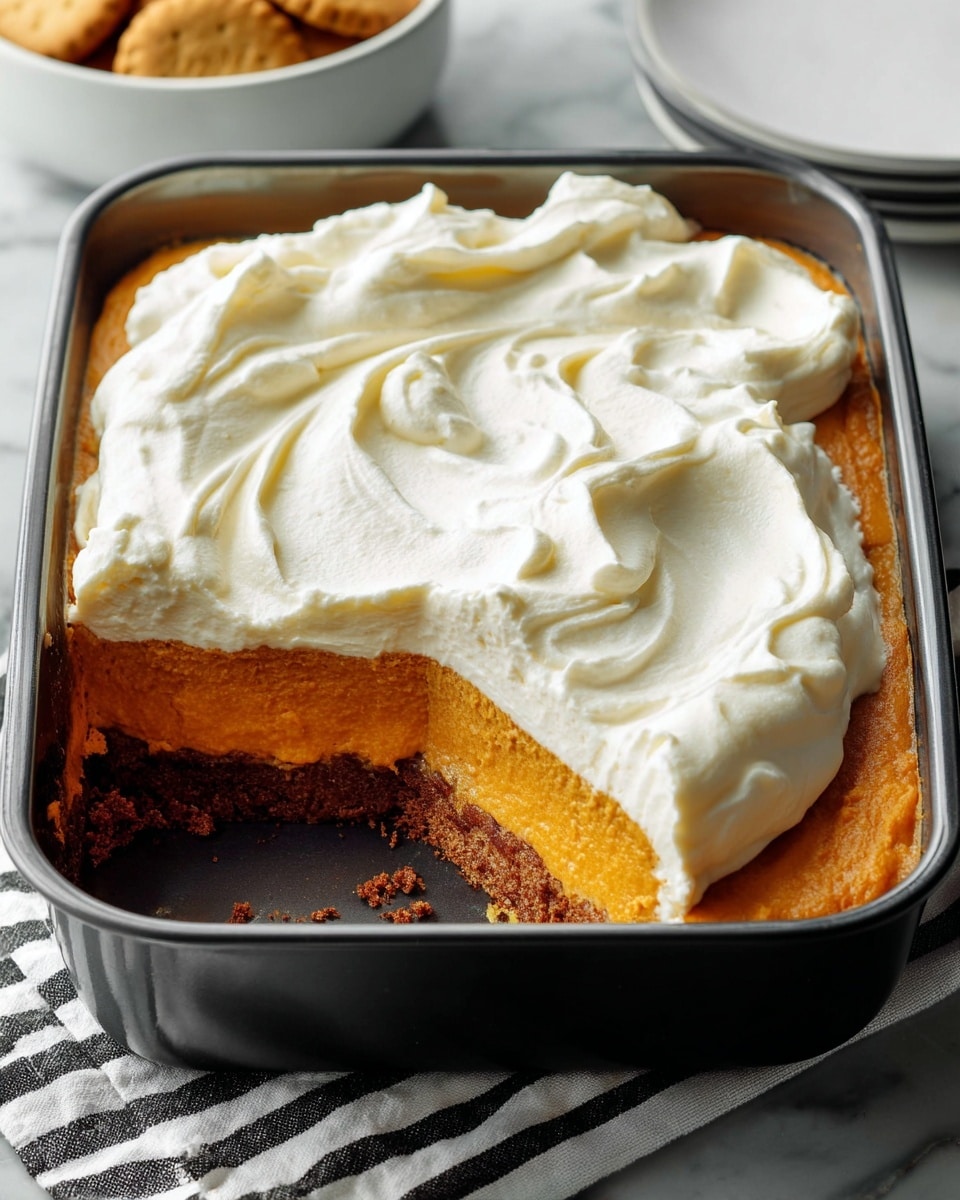 A rectangular black baking pan holds a dessert with three visible layers: the bottom layer is crumbly and brown like a graham cracker crust, the middle layer is creamy white, and the top layer is smooth and orange, likely a pumpkin layer. On top of this is a thick, fluffy layer of white whipped cream spread unevenly, covering most of the orange layer. A large portion has been scooped out from one corner, showing the crust and creamy layers inside. The pan sits on a white marbled surface with a striped cloth underneath. Photo taken with an iphone --ar 4:5 --v 7