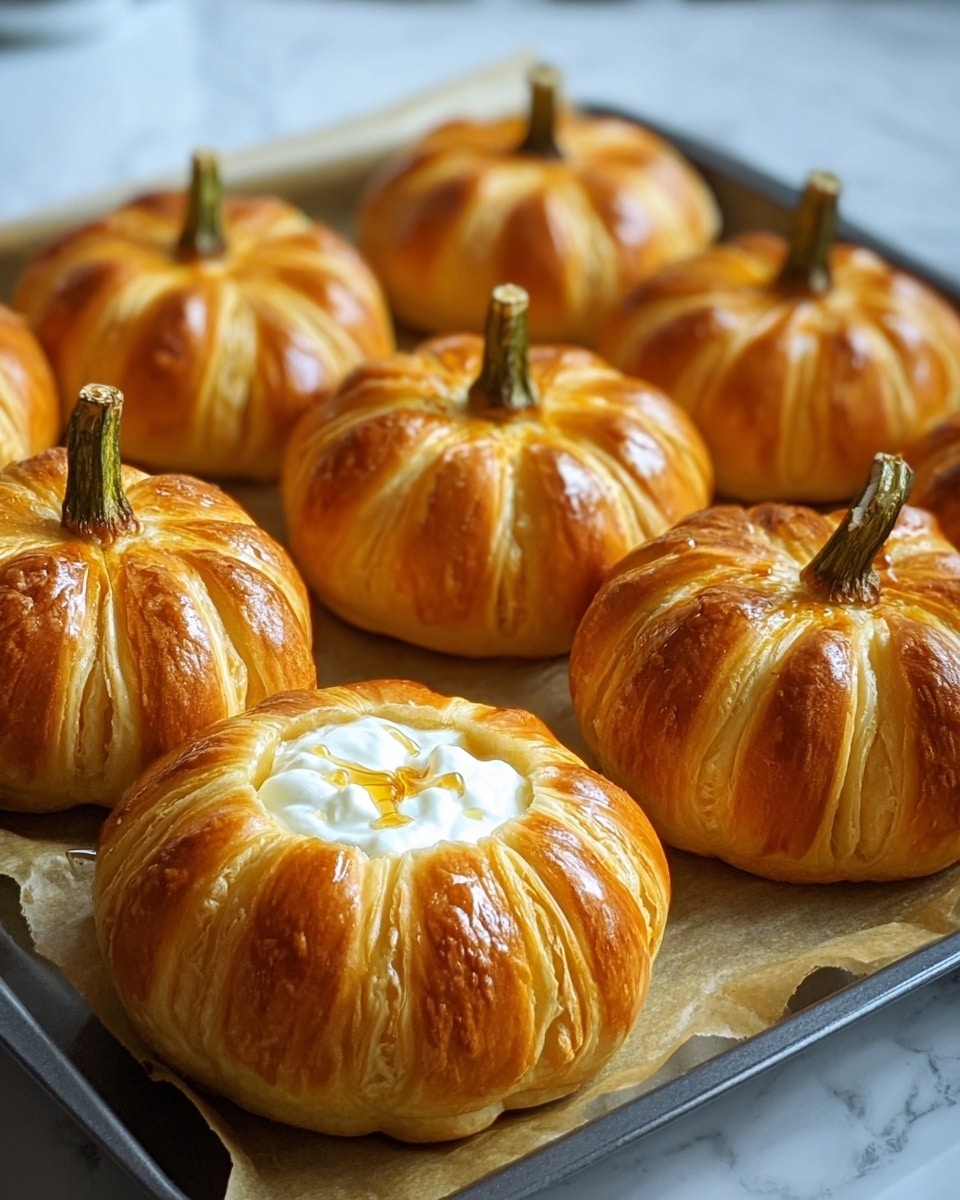The image shows eight round, golden brown pastries shaped like pumpkins with glossy, layered crusts arranged on a baking pan lined with parchment paper. Each pastry has a smooth, flaky surface with well-defined ridges running from the top center down to the base, creating a pumpkin-like shape. One pastry in front is cut open, revealing a creamy white filling topped with a small dollop of golden syrup. Each pastry also has a small, greenish-brown stem placed in the center on top, adding to the pumpkin look. The pan sits on a white marbled surface, with a soft light highlighting the shiny, baked texture of the pastries. photo taken with an iphone --ar 4:5 --v 7