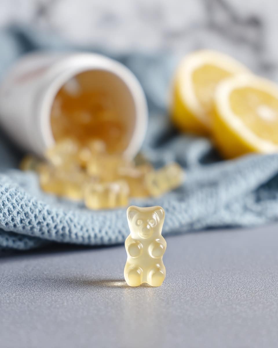 A single translucent gummy bear with a pale yellow tint is placed in the center front on a smooth gray surface, showing a soft, chewy texture and standing upright. Behind it, scattered translucent gummy bears of the same color spill out from a white container lying on its side atop a light blue waffle cloth, creating a casual, soft backdrop. To the back right, blurry pieces of sliced lemon with bright yellow rind and light yellow flesh add a fresh, zesty touch, all set against a white marbled textured background. Photo taken with an iphone --ar 4:5 --v 7