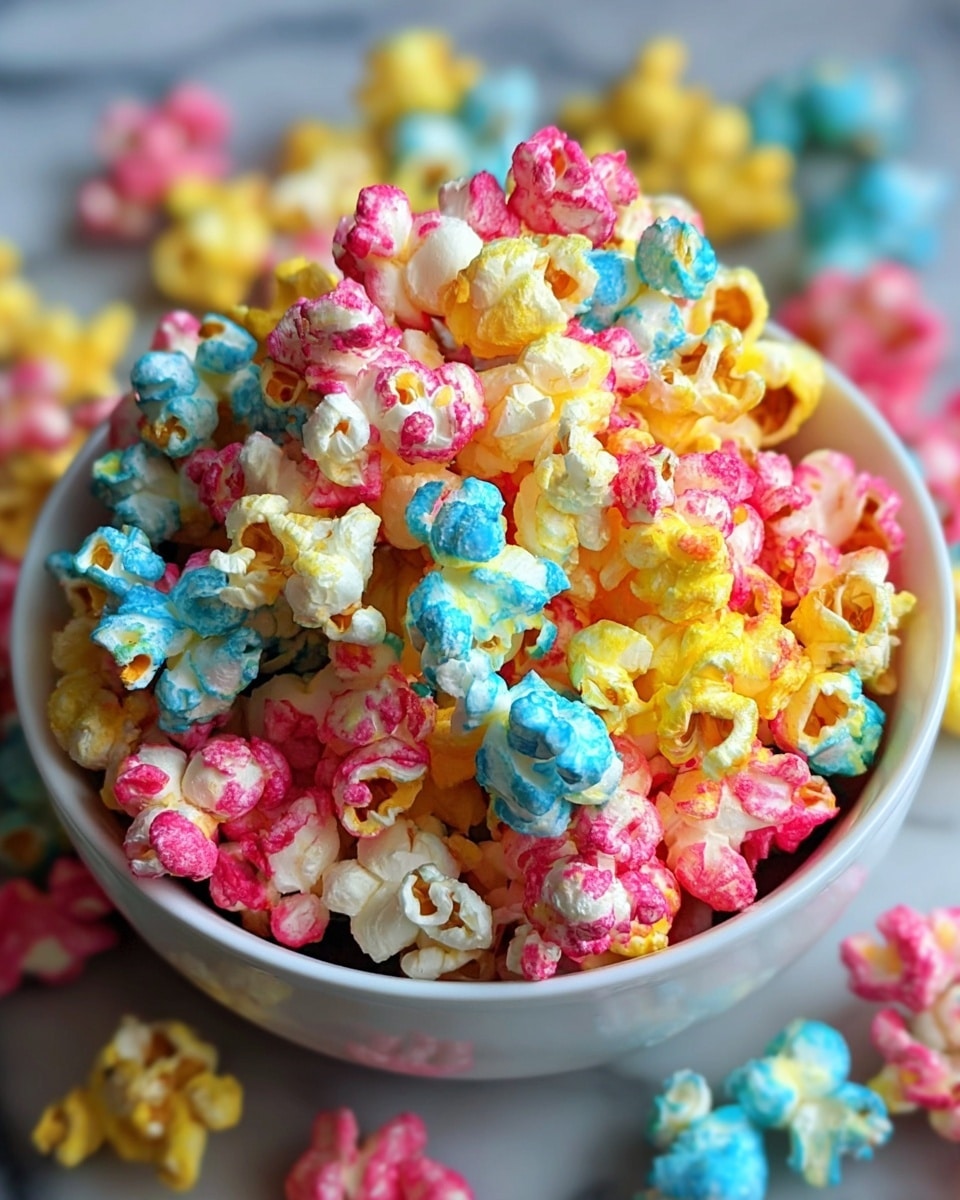 A close-up of a bowl full of colorful popcorn, with pieces coated in bright pink, yellow, and blue colors mixed with white popcorn, showing a crunchy texture and slightly burnt spots on some kernels. The popcorn is piled high in a white bowl, placed on a white marbled surface with scattered pieces of the same colorful popcorn around it, creating a lively and fun look. The popcorn layers are mixed evenly, showing each color clearly on the top and sides. photo taken with an iphone --ar 4:5 --v 7