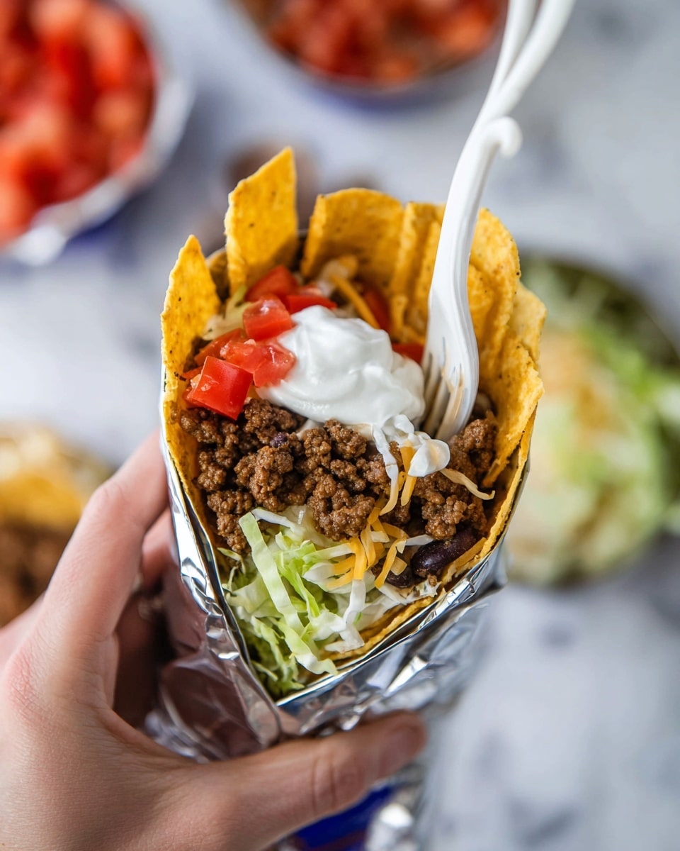 The image shows an open red Doritos bag filled with layers of food, starting with bright orange triangular chips on the left side. On top of the chips is a layer of cooked ground beef with a crumbly texture and brown color. Above the beef, there is a layer of shredded light green lettuce, scattered with small red tomato chunks. On the very top, there is a white dollop of sour cream and a single slice of black olive. A white plastic spoon is inserted into the bag from the right side. The background has a white marbled texture. Photo taken with an iphone --ar 4:5 --v 7
