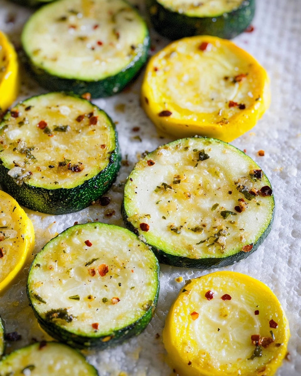 The image shows several round slices of grilled zucchini and yellow squash arranged closely on a textured white mat. Each slice has a green or yellow thick outer skin with a pale, slightly translucent inner flesh. The surfaces of the slices are lightly charred and speckled with small bits of seasoning, including black pepper and dried red chili flakes. The slices vary slightly in size and have a soft, slightly oily texture from cooking. The overall look is fresh and lightly cooked with a mix of green and bright yellow colors on a white marbled surface. photo taken with an iphone --ar 4:5 --v 7