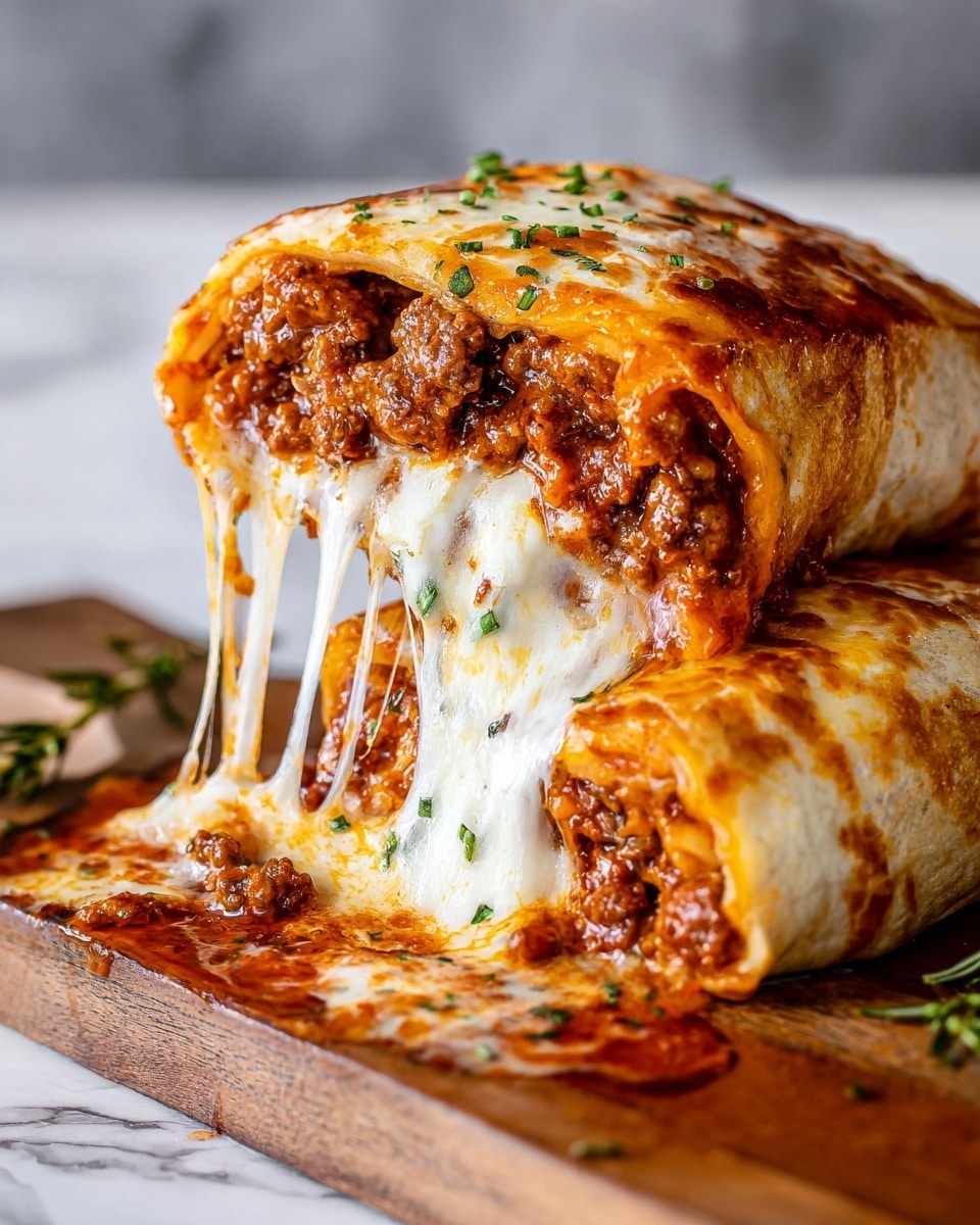 A large sliced burrito with a shiny, golden brown outer layer of melted cheese sprinkled with small green herb bits, stretching gooey white cheese strands as one piece is lifted, showing a dense, rich brown minced meat filling soaked in thick red-brown sauce inside, placed on a wooden board with some sauce spilled around, all set on a white marbled texture. photo taken with an iphone --ar 4:5 --v 7