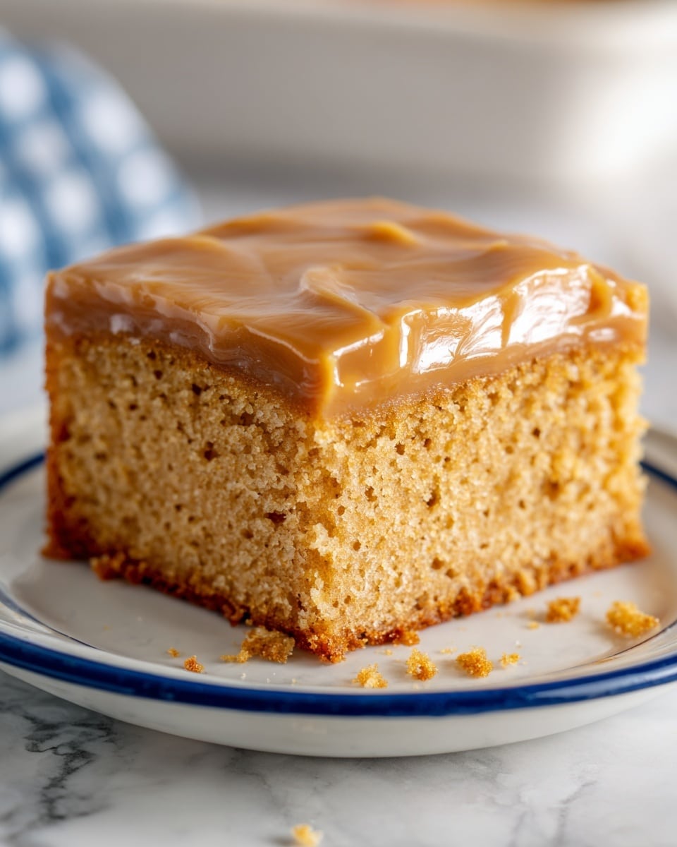 A single square piece of cake sits on a white plate with a blue rim, placed on a white marbled surface. The cake has two visible layers: the bottom layer is a thick, moist, soft-textured cake in a warm brown color with small air holes, and the top layer is a smooth, light caramel-colored frosting with a glossy finish. There are a few small crumbs scattered around the cake on the plate. Photo taken with an iphone --ar 4:5 --v 7