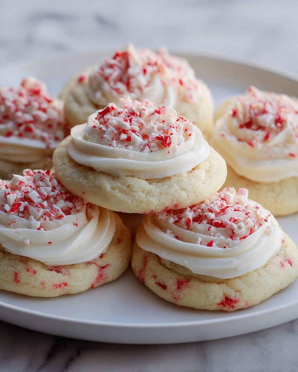A white plate holds a stack of soft-looking cookies, each with two layers. The bottom layer is a light cream-colored cookie base with tiny red specks inside, showing a soft and slightly crumbly texture. On top of each cookie is a thick swirl of smooth white frosting, swirled with gentle peaks. The frosting is topped with broken pieces of red and white candy, roughly crushed, adding a crunchy texture and bright color contrast. The background is a white marbled texture, soft and clean, enhancing the warm and inviting look of the cookies. photo taken with an iphone --ar 4:5 --v 7