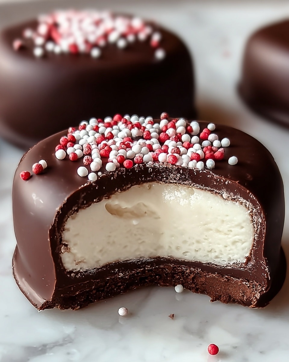 A round treat with three visible layers: the outermost layer is smooth and glossy dark brown chocolate that covers the entire piece; inside this is a thick layer of soft white cream filling in the middle; a thin bottom layer of chocolate forms the base. The top of the treat is decorated with small round sprinkles in red and white scattered densely. The treat sits on a white marbled surface with a close-up view focusing on the cut area showing the creamy inside clearly. Photo taken with an iphone --ar 4:5 --v 7
