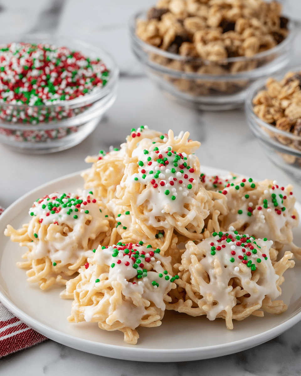 A white plate holds a pile of small, round clusters made from thin, pale yellow noodles coated in a thick layer of creamy white frosting or white chocolate. Each cluster is topped with small, round sprinkles in red, green, and white, scattered unevenly over the top, adding bright color contrast. The clusters have a rough, twiggy texture from the noodles, creating an irregular and crunchy look, while the frosting gives a smooth, glossy finish. Nearby, clear glass bowls hold more granola and sprinkles, set on a white marbled surface. Photo taken with an iphone --ar 4:5 --v 7