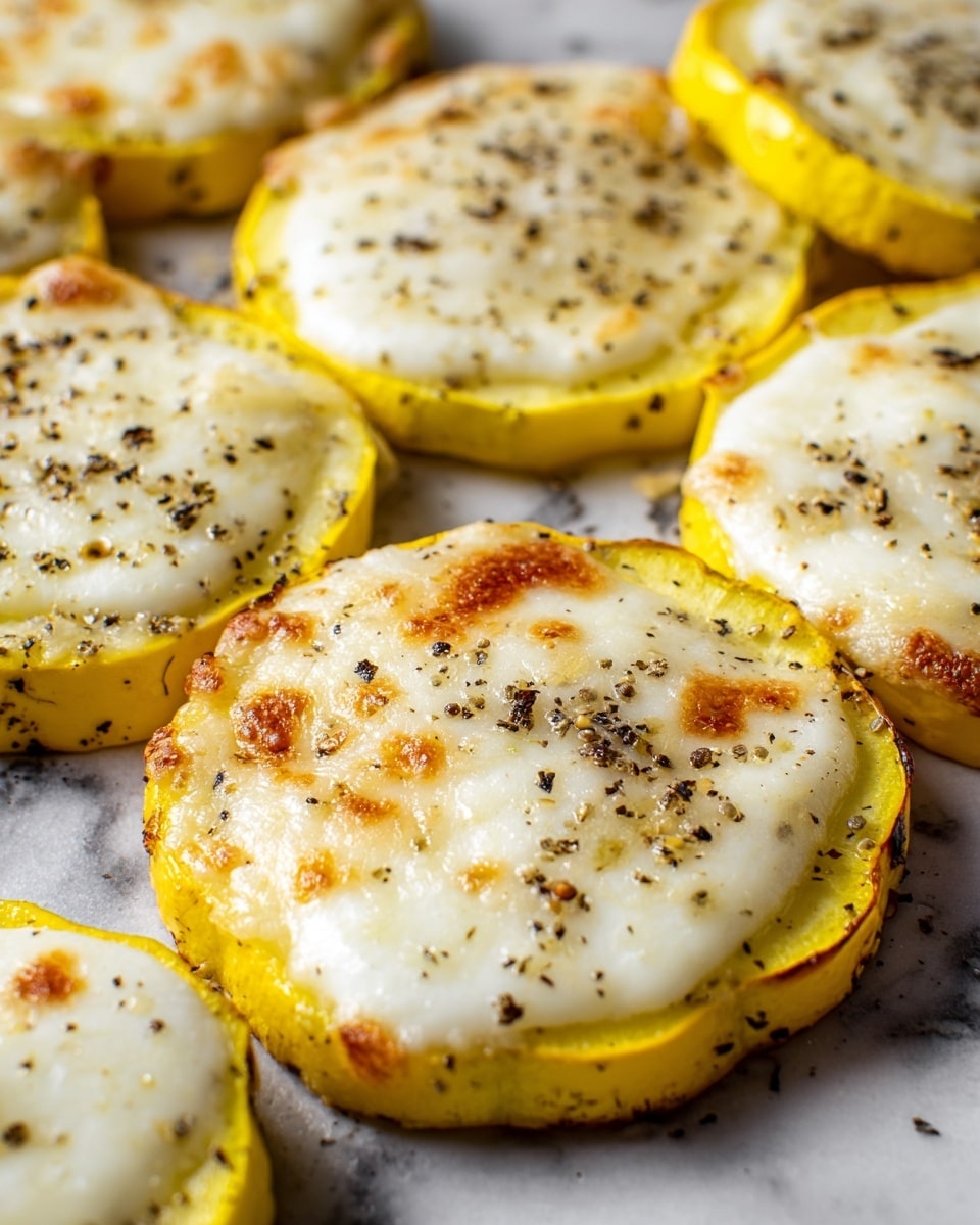 The dish shows several rows of yellow and white round slices neatly placed on a white plate, each slice consisting of a base layer of bright yellow squash topped with a smooth, glossy white cheese layer. The cheese appears slightly melted with light brown spots from baking, and a sprinkle of black pepper and coarse salt is evenly distributed on top, adding a speckled texture. The slices are close to each other, creating a neat, repetitive pattern on a white marbled surface. photo taken with an iphone --ar 4:5 --v 7