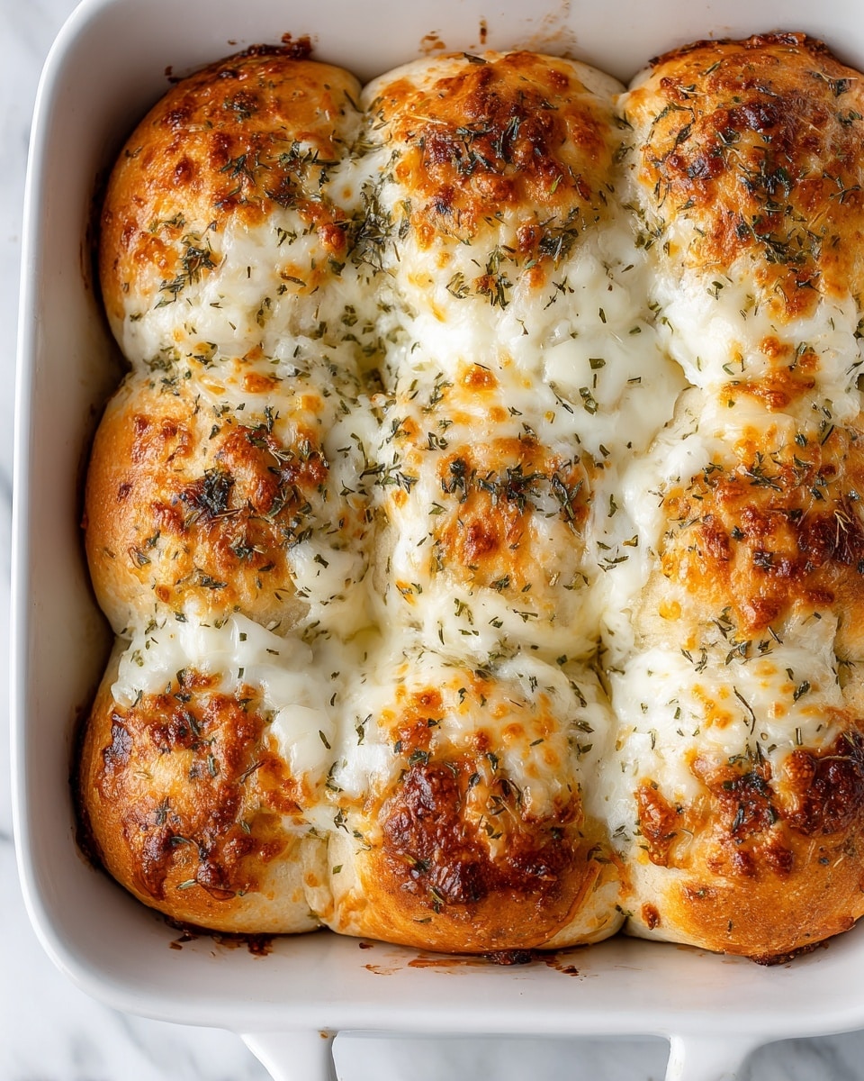The image shows a white baking dish filled with nine soft bread rolls that have a golden-brown crust and a light, fluffy inside. Each roll is topped with a generous layer of melted white cheese, slightly browned in spots, and sprinkled with dried green herbs and some orange flakes, giving a seasoned look. The rolls are closely packed, touching each other, and the melted cheese stretches lightly between some of them. The dish sits on a white marbled textured surface. photo taken with an iphone --ar 4:5 --v 7