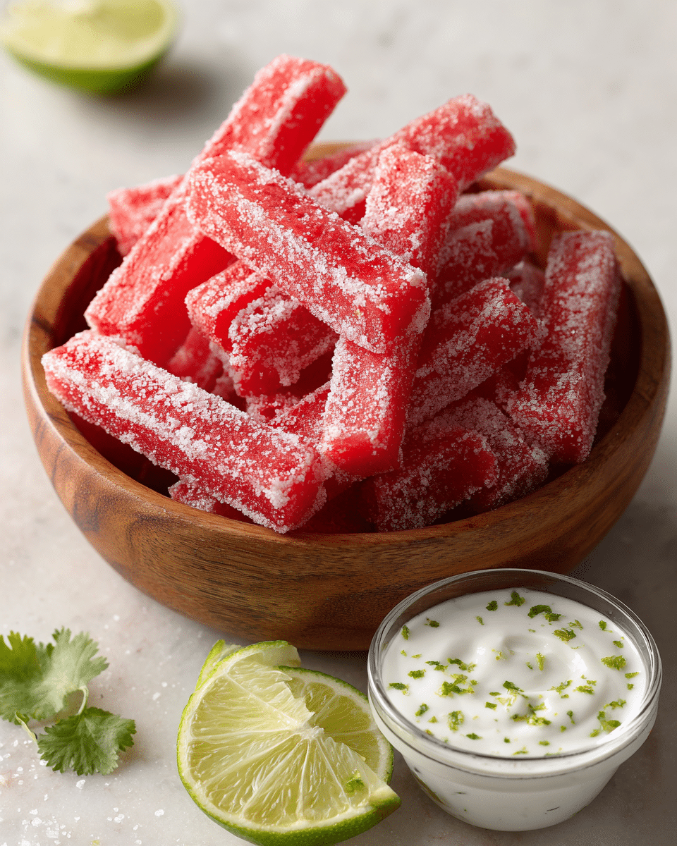 A wooden bowl filled with many bright red watermelon sticks coated with white sugar crystals, their ends showing a thin green rind. Next to the sticks inside the bowl, there is a small glass cup of white creamy sauce topped with small green lime zest bits. Around the bowl on a white marbled surface are some sliced lime pieces and a few green cilantro leaves in soft focus. The scene is close-up with soft natural light. Photo taken with an iphone --ar 4:5 --v 7