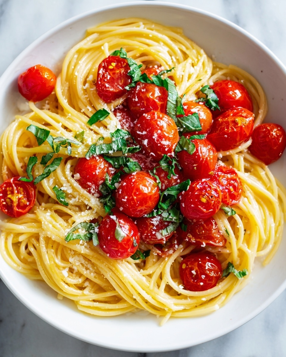 A close-up view of a plate of spaghetti with three main layers: at the bottom, yellow, slightly shiny cooked spaghetti noodles are spread evenly; on top of the noodles, bright red cherry tomatoes are scattered all over, some whole and some slightly cooked, showing a shiny surface; the top layer features fresh, green basil leaves placed randomly, and a sprinkling of fine, light yellow grated cheese covers parts of the dish, adding texture. The plate is white, and the background has a white marbled texture. Photo taken with an iphone --ar 4:5 --v 7