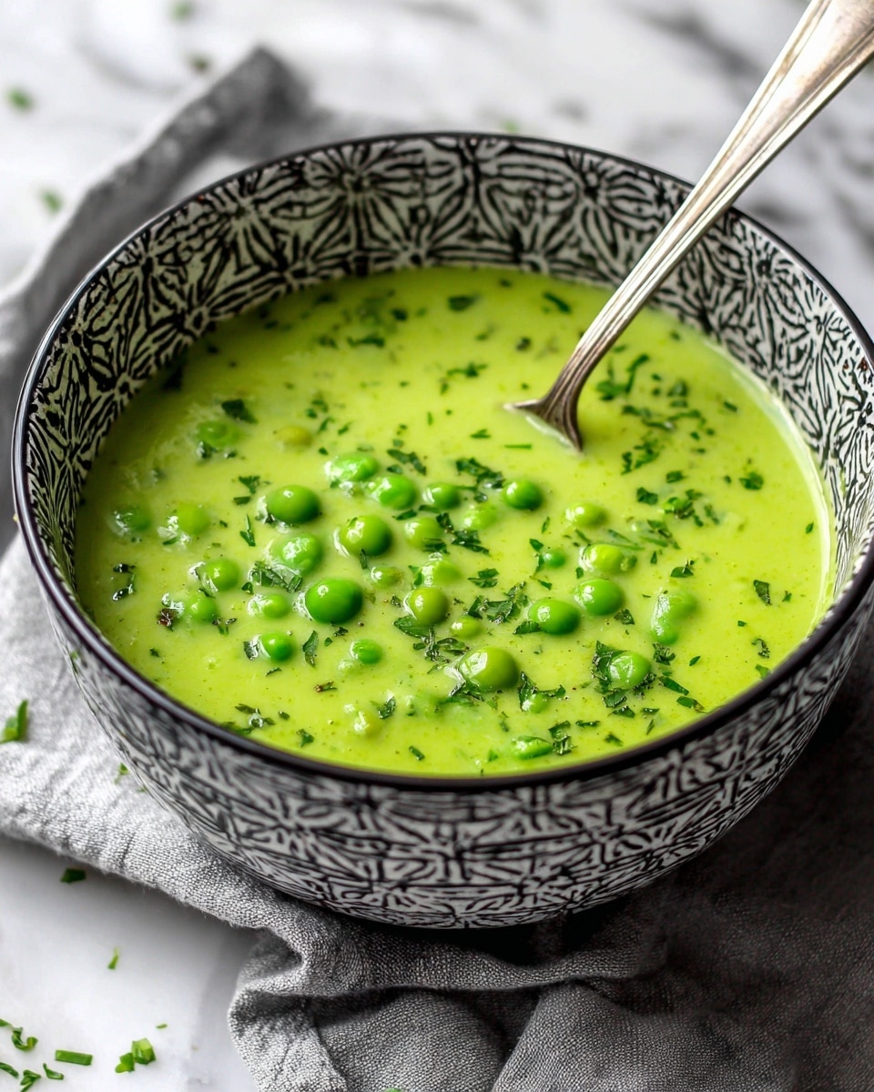 A bowl with a black and white pattern holds a creamy green soup filled with many bright green peas. The soup is thick and smooth, with scattered small bits of green herbs on top. A silver spoon is dipped into the soup, resting on the right side inside the bowl. The bowl is placed on a white marbled surface with a gray dish towel partially visible underneath. Photo taken with an iphone --ar 4:5 --v 7